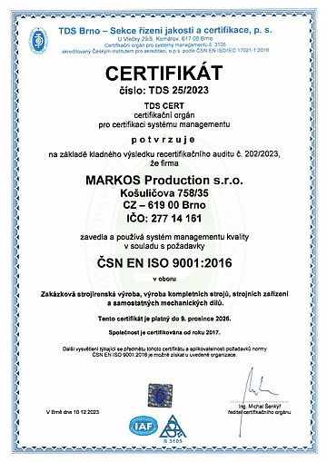 markos production - certifikát